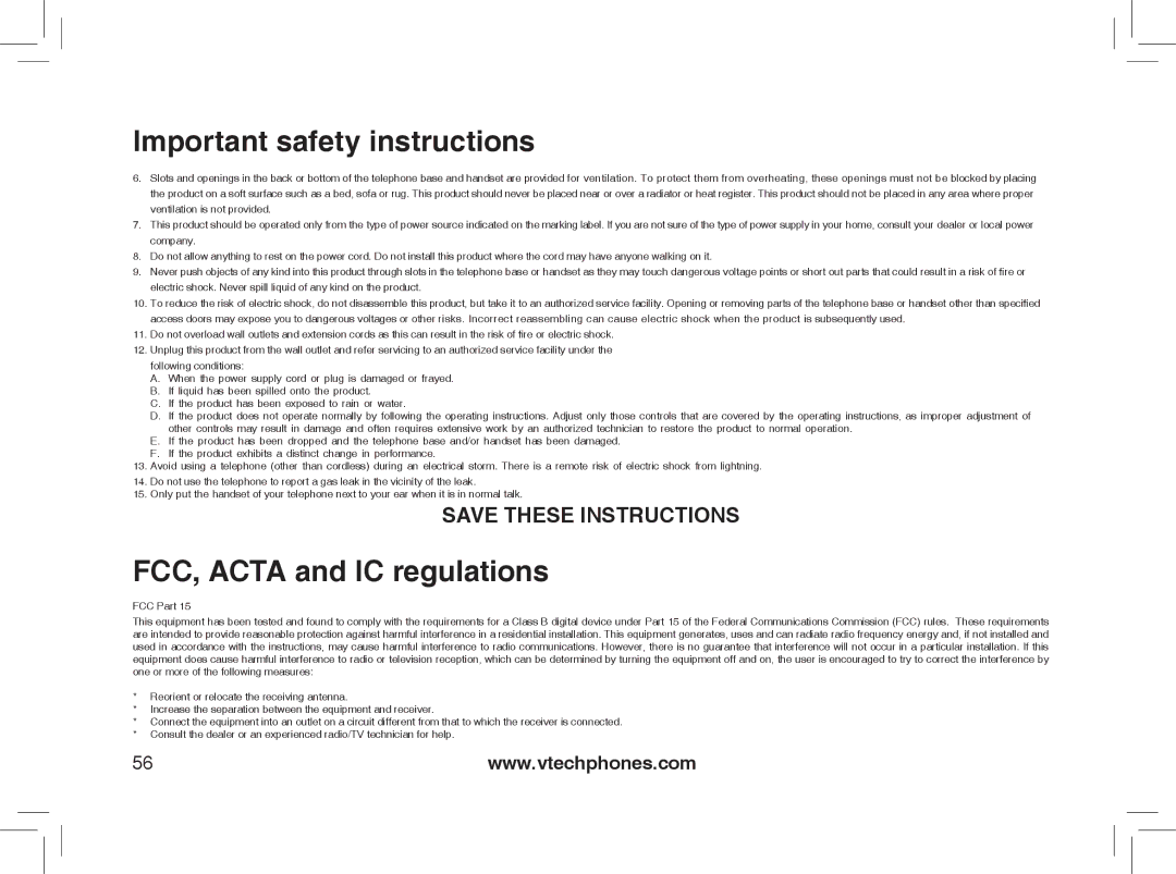 VTech MI6866, MI6896, mi6895, mi6870 manual FCC, Acta and IC regulations 