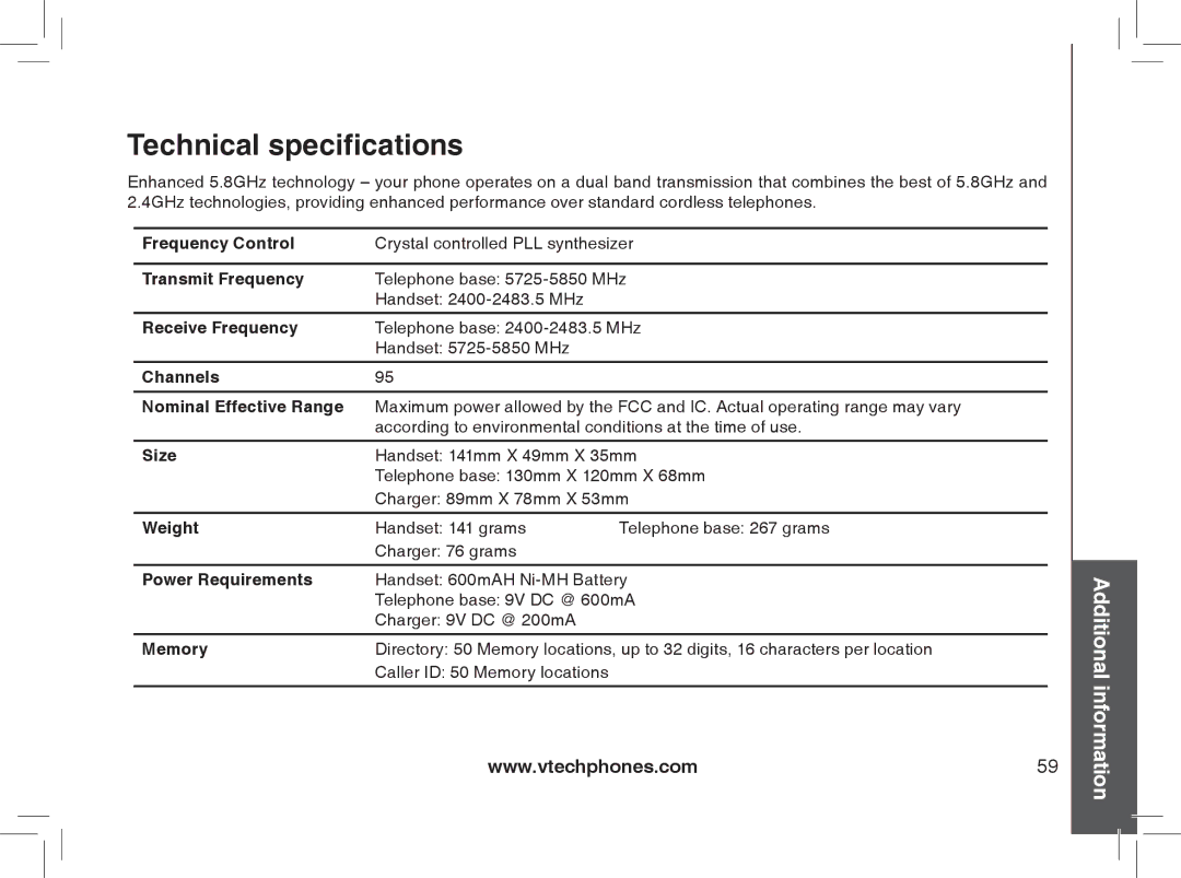 VTech mi6870, MI6866, MI6896, mi6895 manual Technical specifications 