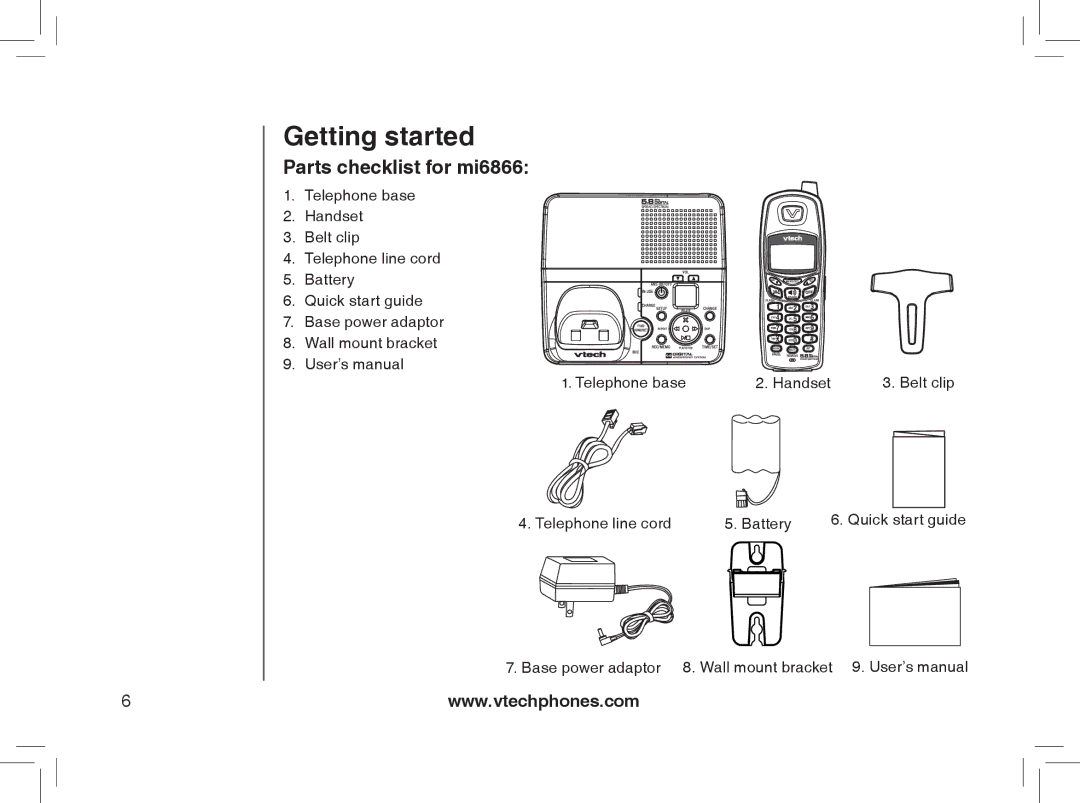 VTech mi6895, MI6866, MI6896, mi6870 manual Parts checklist for mi6866 