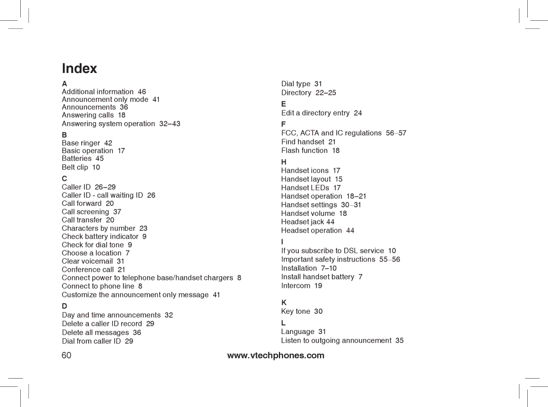 VTech MI6866, MI6896, mi6895, mi6870 manual Index 