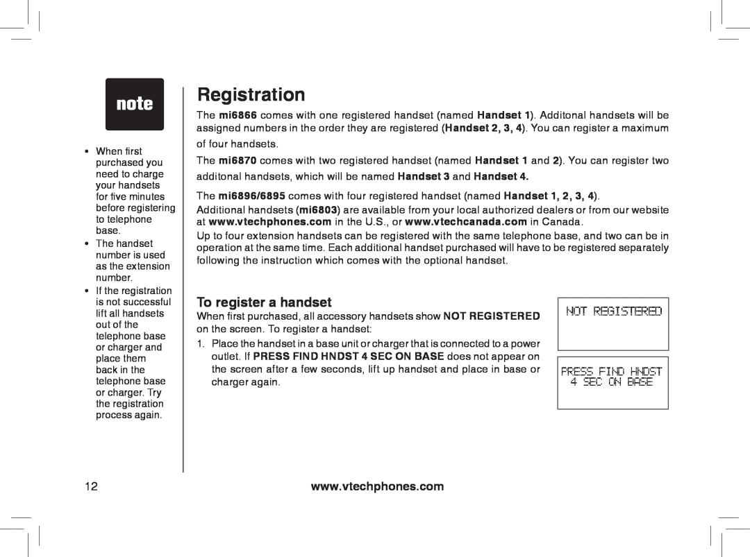 VTech MI6866, MI6896, mi6895, mi6870 manual Registration, To register a handset 