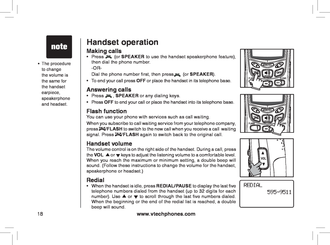 VTech mi6895, MI6866, MI6896 manual Handset operation, Making calls, Answering calls, Flash function, Handset volume, Redial 