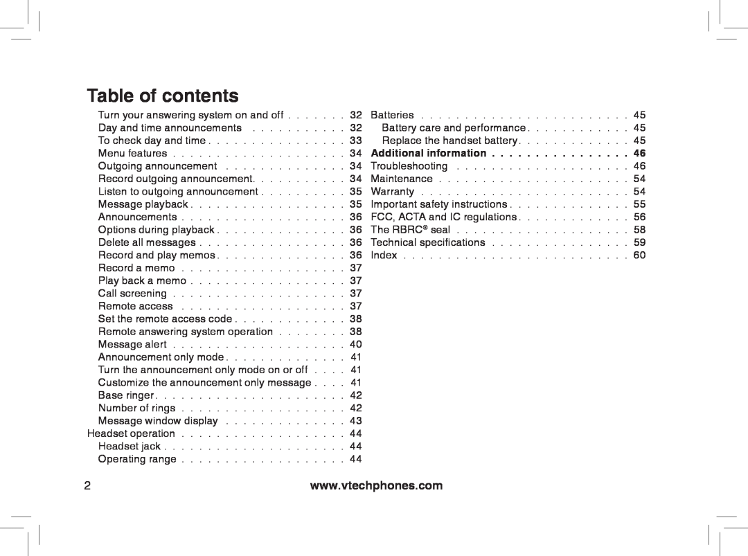 VTech mi6895, MI6866, MI6896, mi6870 manual Additional information, Table of contents 