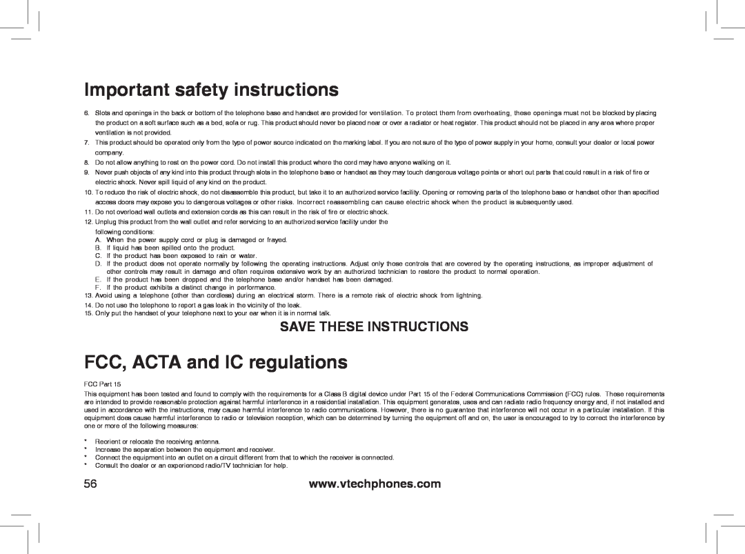 VTech MI6866, MI6896, mi6895, mi6870 FCC, ACTA and IC regulations, Save These Instructions, Important safety instructions 