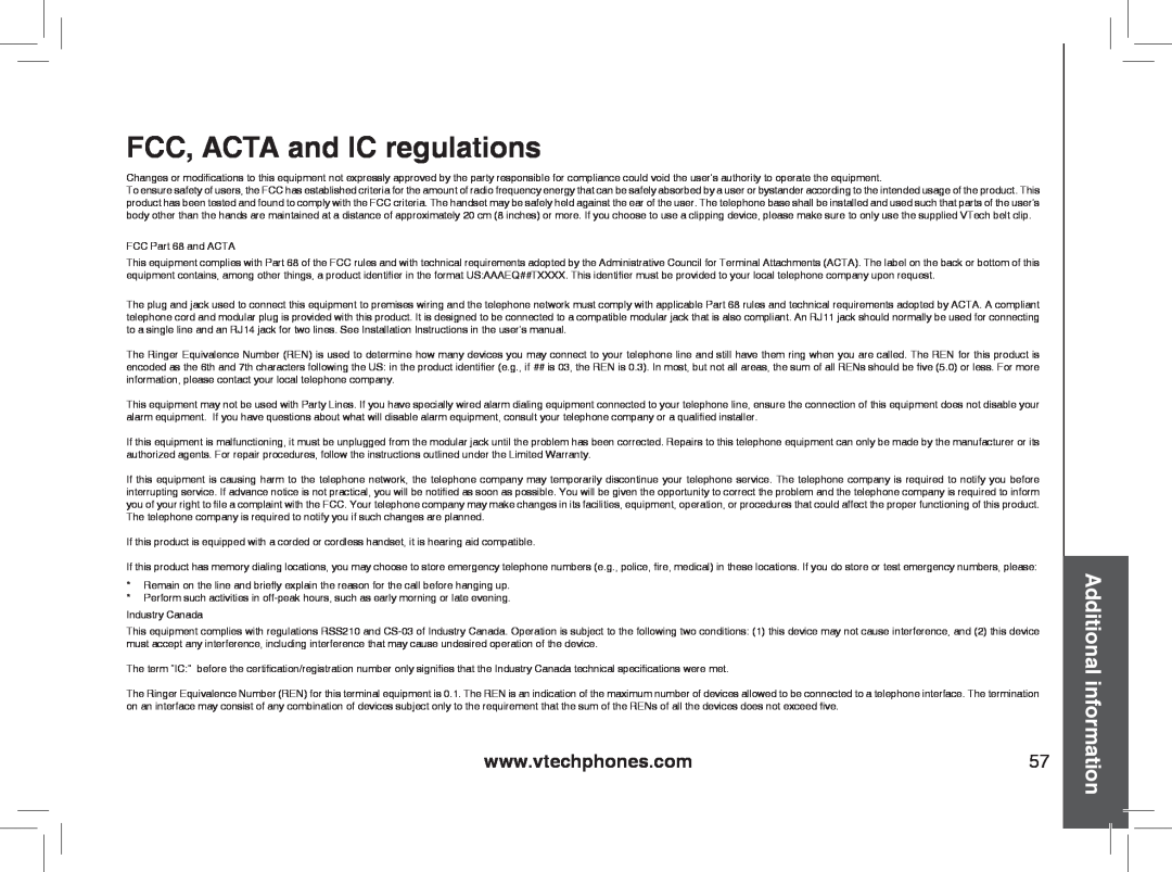 VTech MI6896, MI6866, mi6895, mi6870 manual FCC, ACTA and IC regulations, Additional information, FCC Part 68 and ACTA 