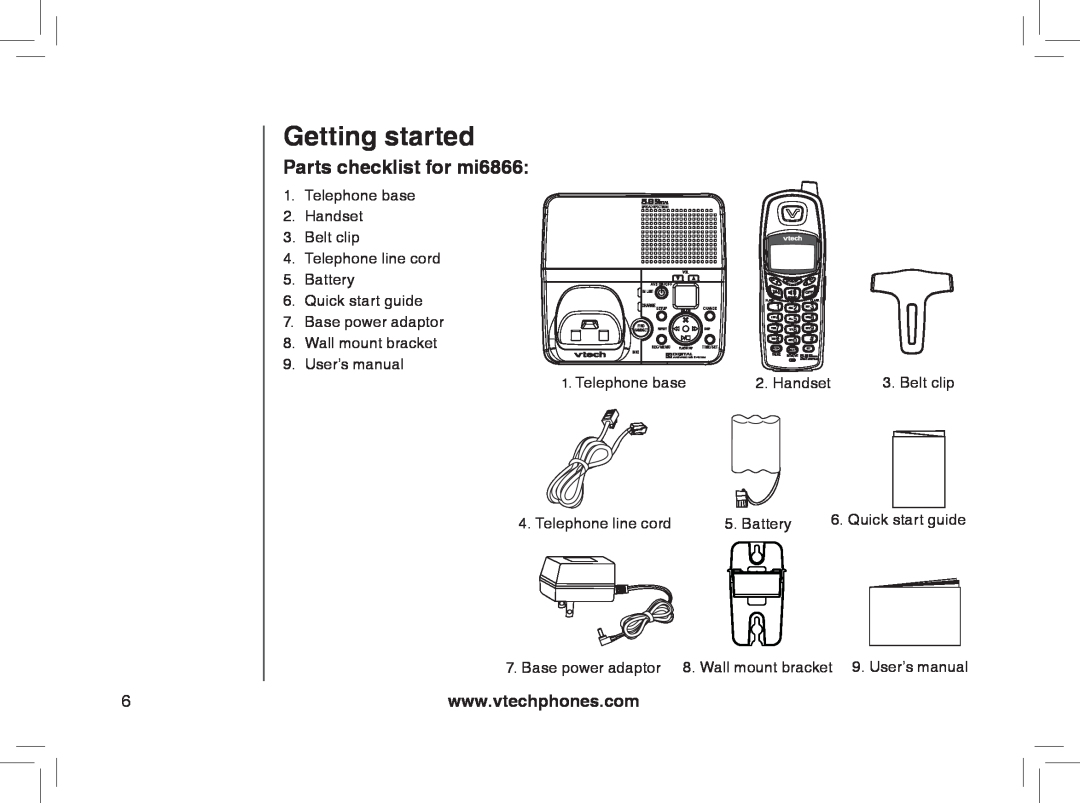 VTech mi6895, MI6866, MI6896, mi6870 manual Parts checklist for mi6866, Getting started 