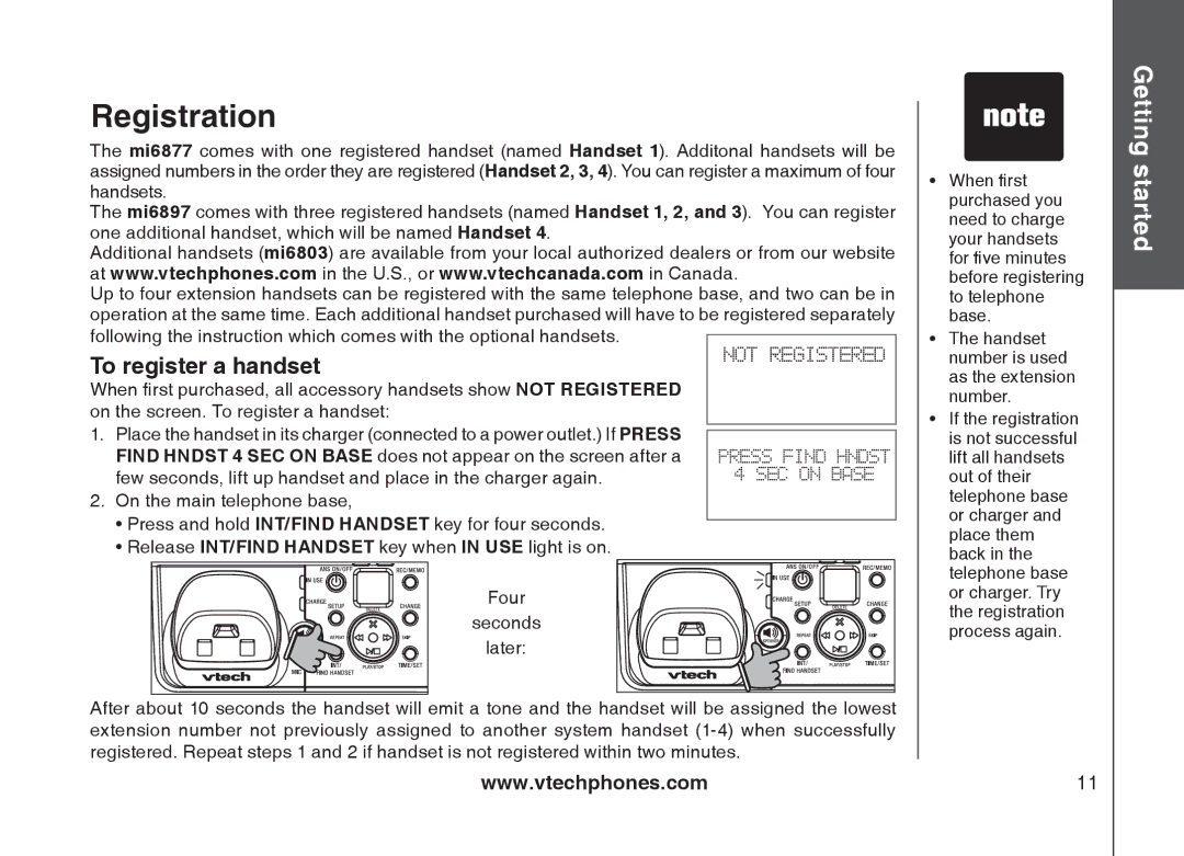 VTech mi6877, mi6897 user manual Registration, To register a handset 