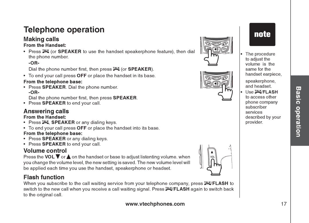 VTech mi6877, mi6897 user manual Telephone operation, Making calls, Answering calls, Volume control, Flash function 