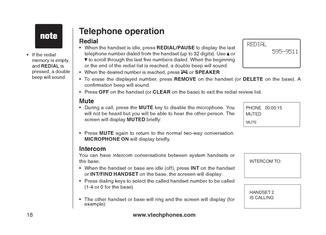 VTech mi6897, mi6877 user manual Redial, Mute, Intercom 