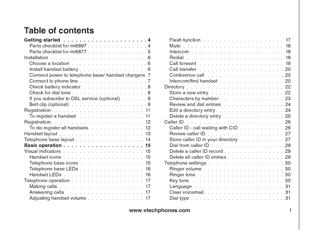 VTech mi6877, mi6897 user manual Table of contents 