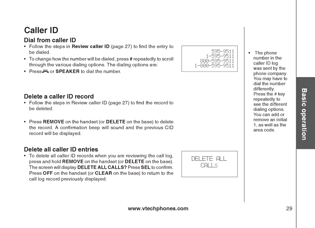 VTech mi6877, mi6897 user manual Dial from caller ID, Delete a caller ID record, Delete all caller ID entries 