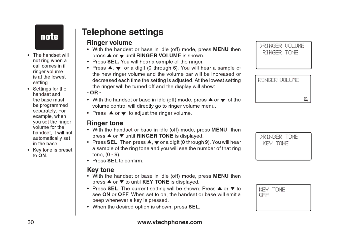 VTech mi6897, mi6877 user manual Telephone settings, Ringer volume, Ringer tone, Key tone 