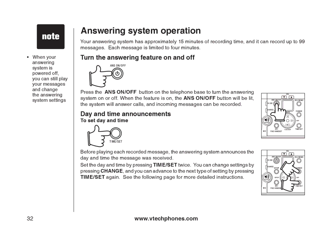 VTech mi6897, mi6877 Answering system operation, Turn the answering feature on and off, Day and time announcements 