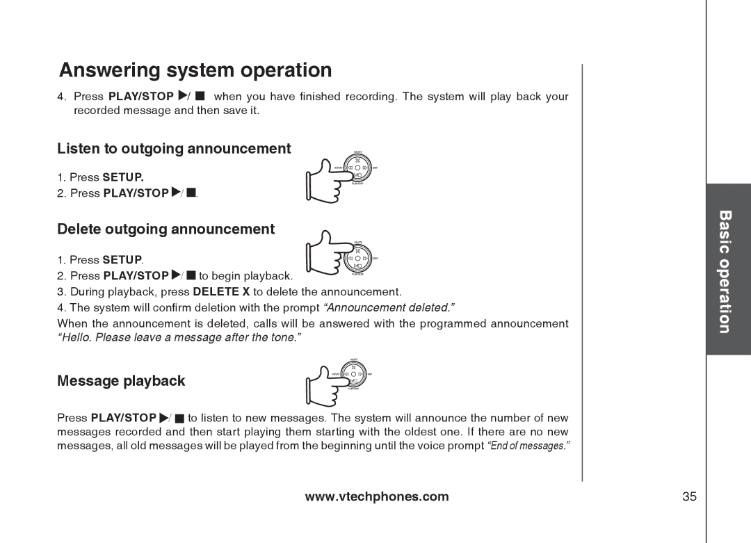 VTech mi6877, mi6897 Listen to outgoing announcement, Delete outgoing announcement, Message playback, Press PLAY/STOP 