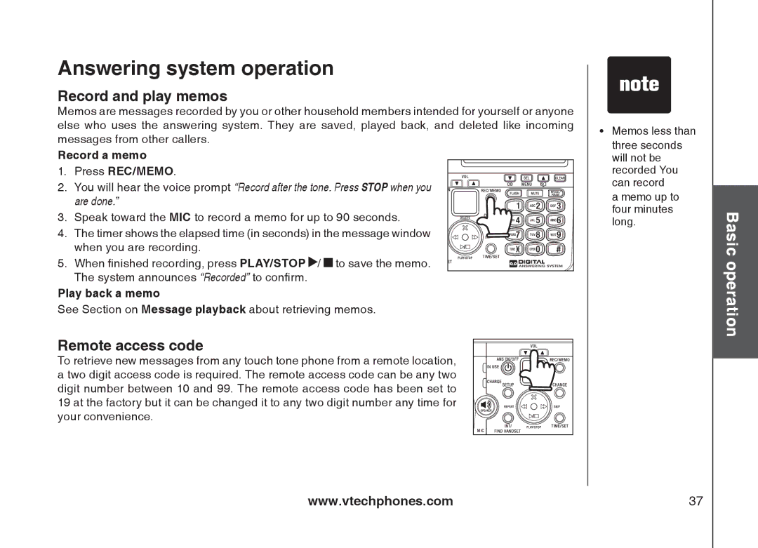 VTech mi6877, mi6897 user manual Record and play memos, Remote access code, Record a memo, Play back a memo 