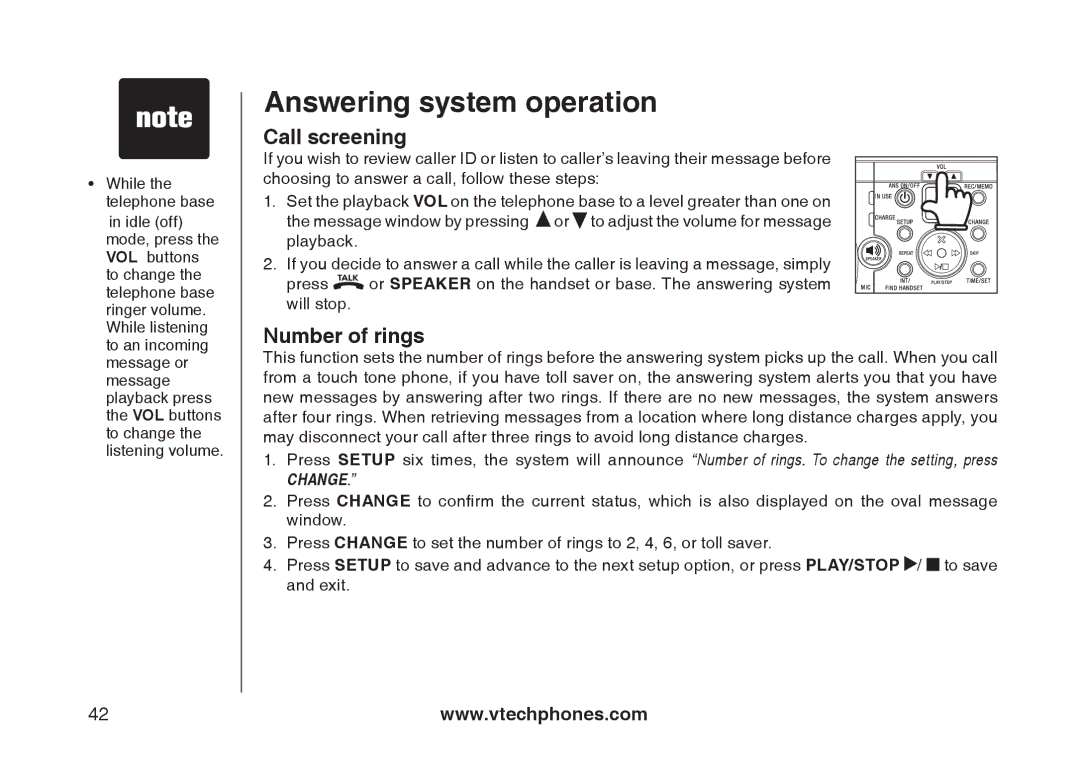 VTech mi6897, mi6877 user manual Call screening, Number of rings 