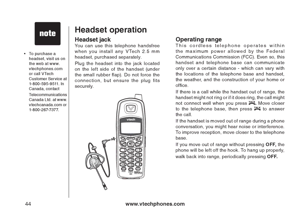 VTech mi6897, mi6877 user manual Headset operation, Headset jack, Operating range 