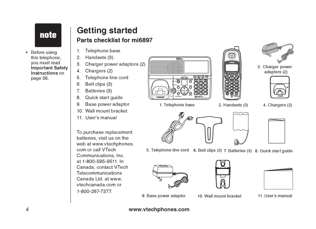 VTech mi6877 user manual Getting started, Parts checklist for mi6897 