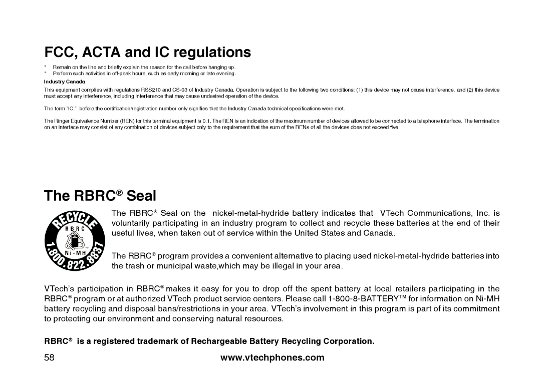 VTech mi6897, mi6877 user manual Rbrc Seal, Industry Canada 