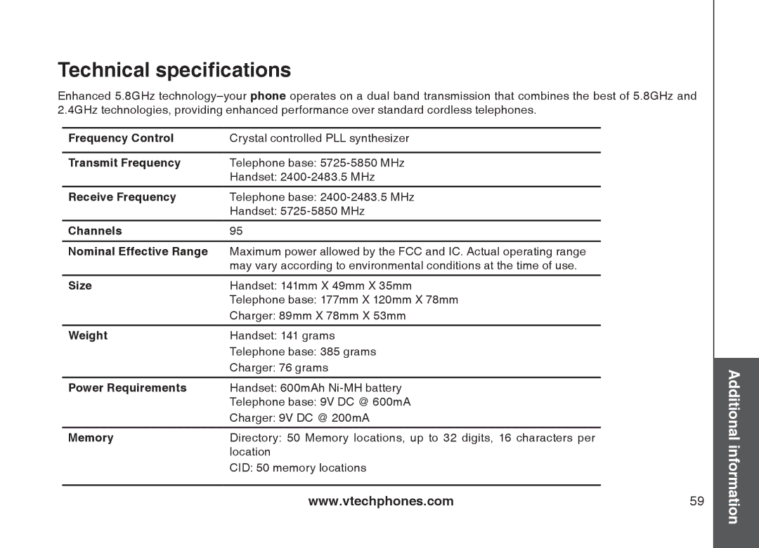 VTech mi6877, mi6897 user manual Technical specifications 