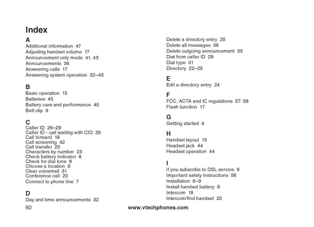 VTech mi6897, mi6877 user manual Index 