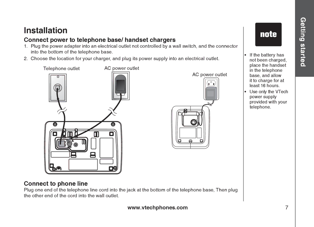 VTech mi6877, mi6897 user manual Connect power to telephone base/ handset chargers, Connect to phone line 