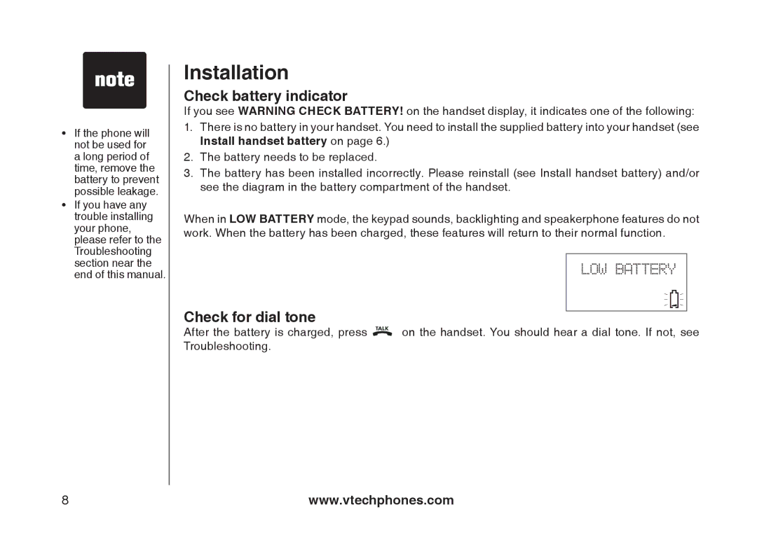 VTech mi6897, mi6877 user manual Check battery indicator, Check for dial tone 