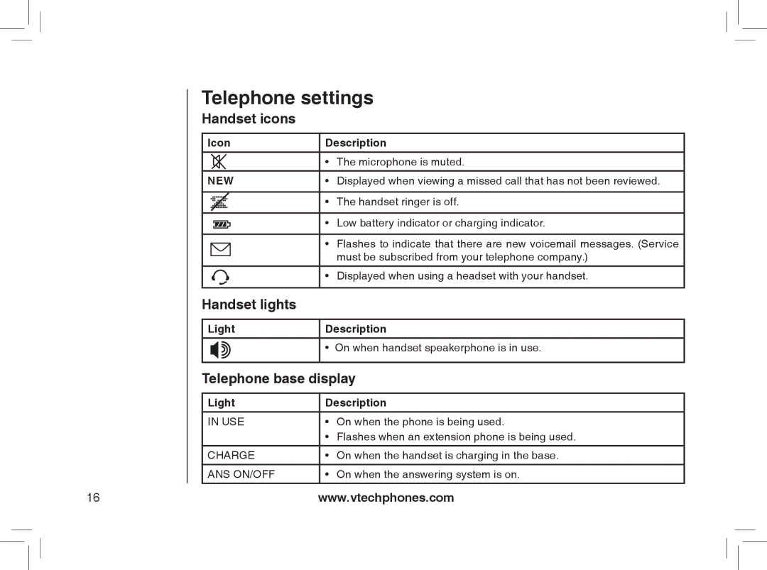 VTech MI6889 user manual Telephone settings, Handset icons, Handset lights, Telephone base display 