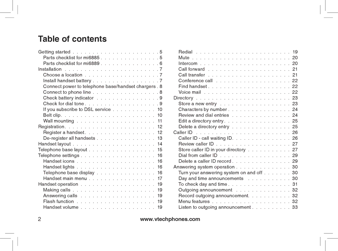 VTech MI6889 user manual Table of contents 