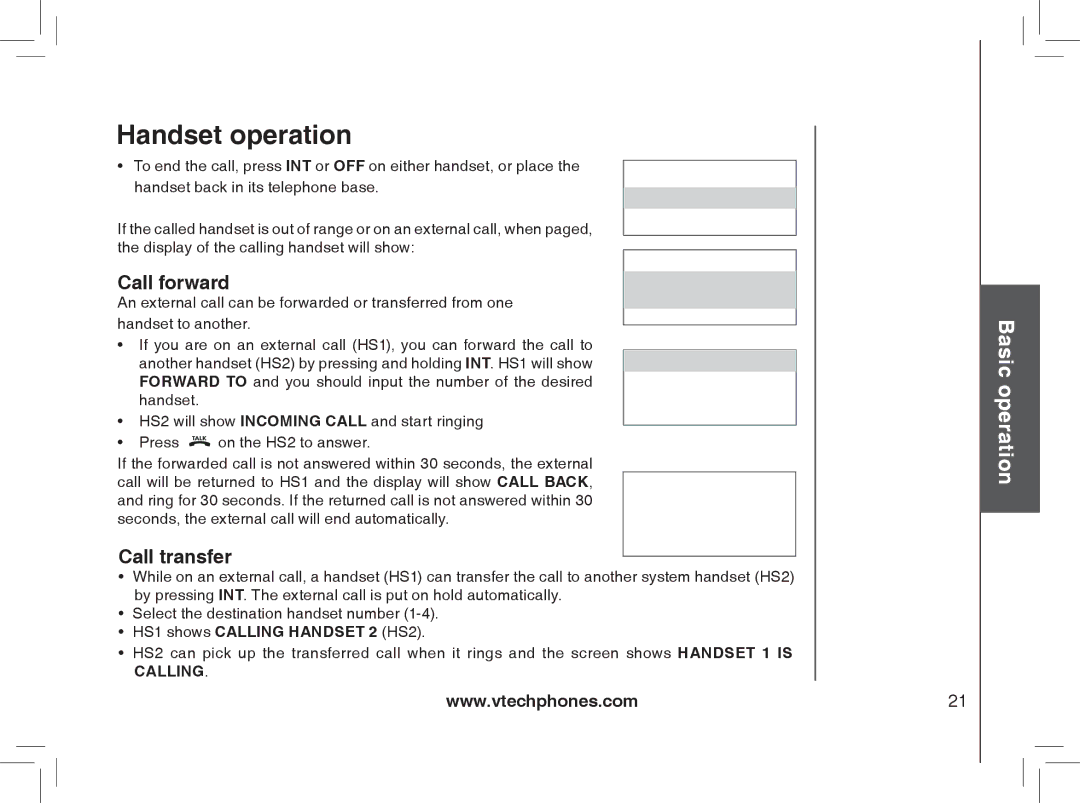 VTech MI6889 user manual Call forward, Call transfer, HS1 shows Calling Handset 2 HS2 