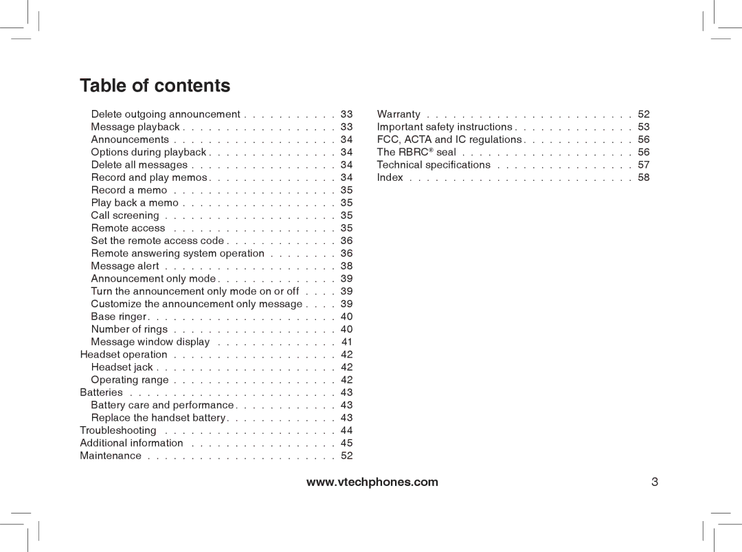 VTech MI6889 user manual Table of contents 