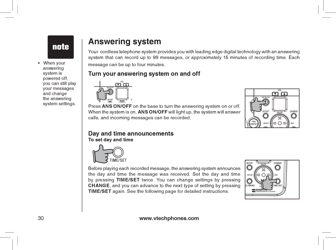 VTech MI6889 Answering system, Turn your answering system on and off, Day and time announcements, To set day and time 