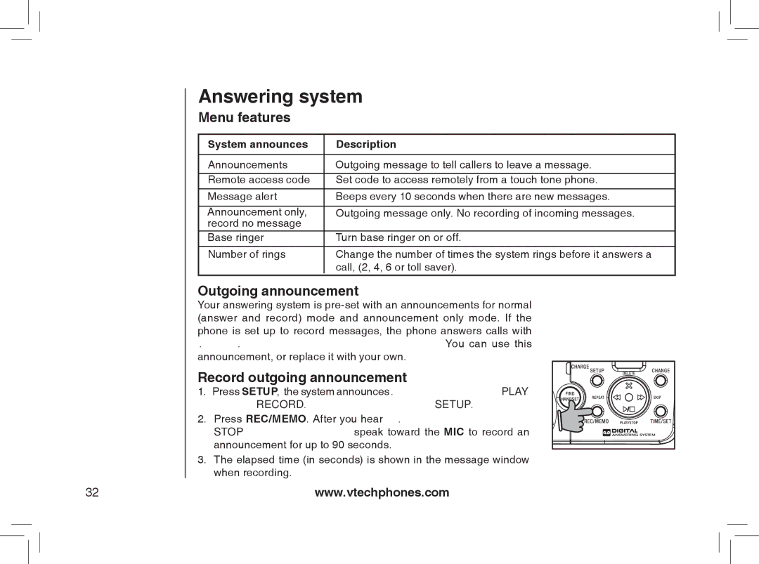 VTech MI6889 user manual Menu features, Outgoing announcement, Record outgoing announcement, System announces Description 