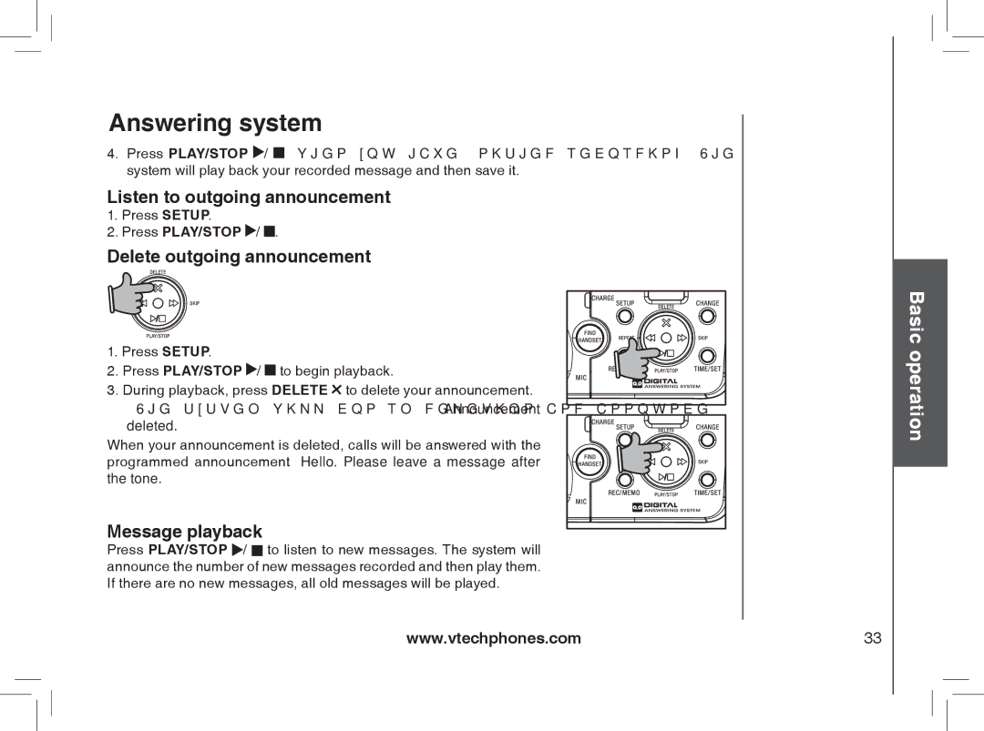 VTech MI6889 user manual Listen to outgoing announcement, Delete outgoing announcement, Message playback, Press PLAY/STOP 