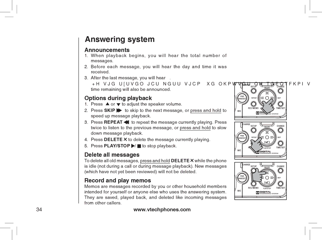 VTech MI6889 user manual Announcements, Options during playback, Delete all messages, Record and play memos 