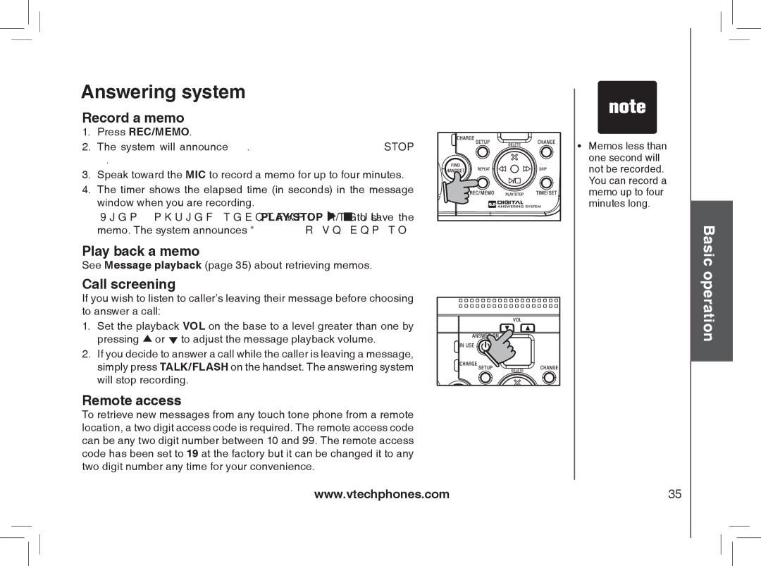 VTech MI6889 user manual Record a memo, Play back a memo, Call screening, Remote access 