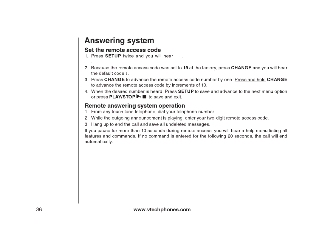 VTech MI6889 user manual Set the remote access code, Remote answering system operation 