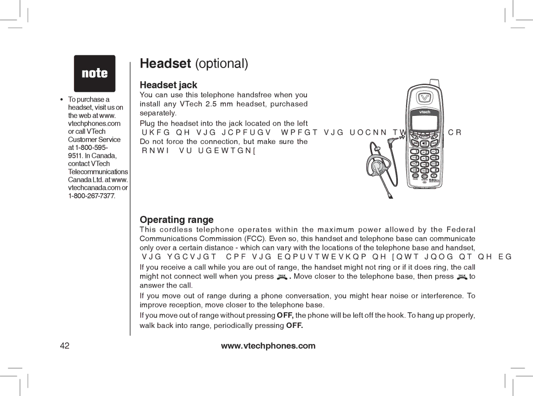 VTech MI6889 user manual Headset jack, Operating range 