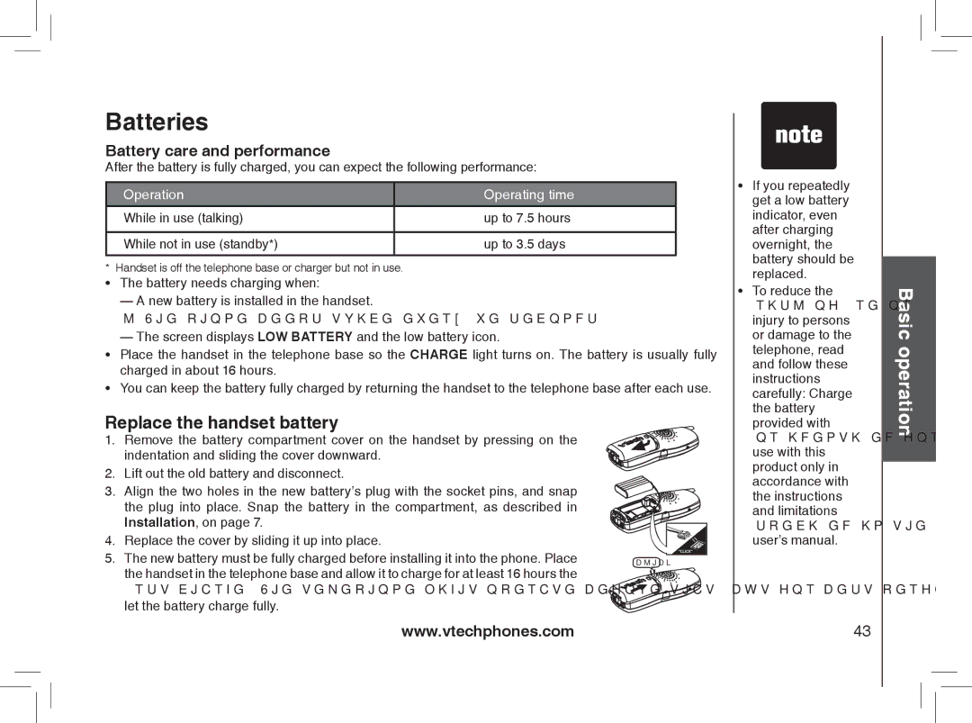 VTech MI6889 user manual Batteries, Replace the handset battery 