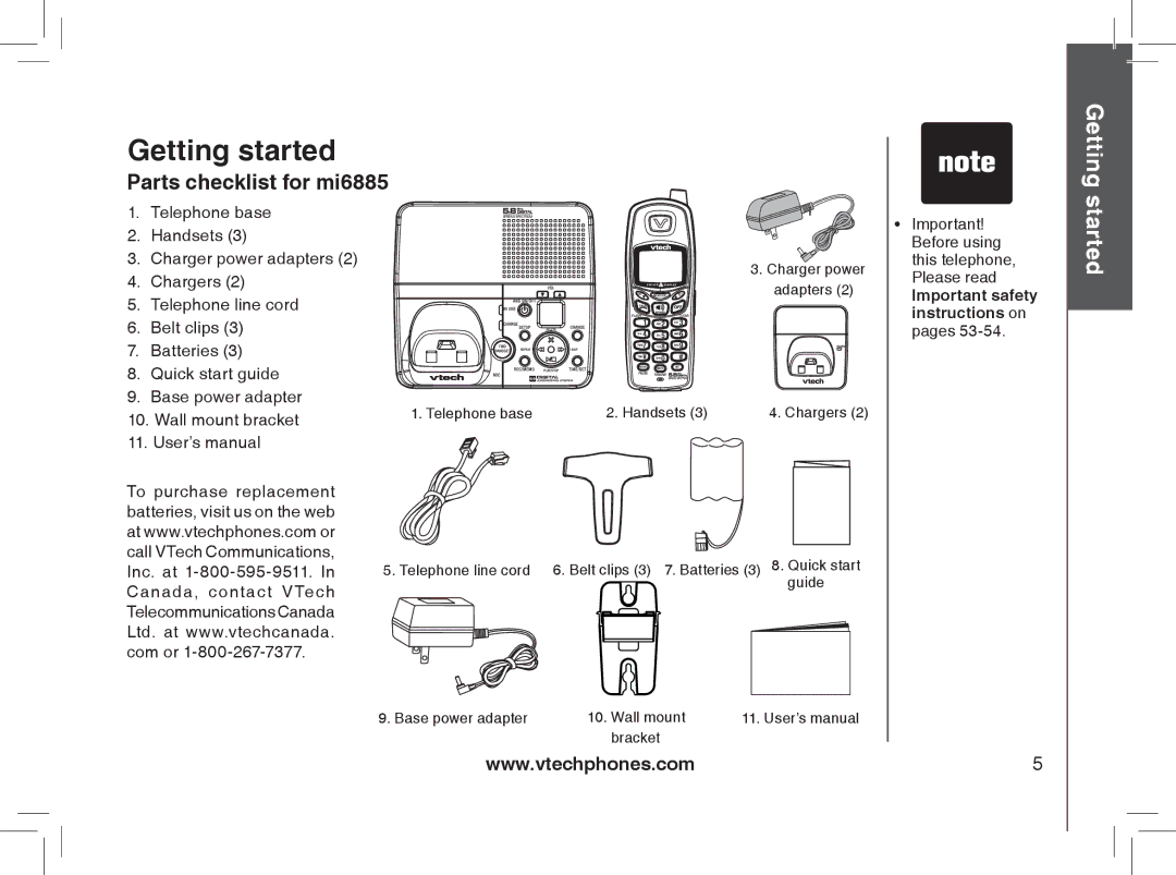 VTech MI6889 user manual Getting started, Parts checklist for mi6885 