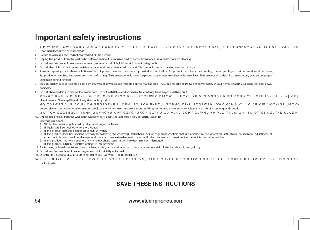 VTech MI6889 user manual Important safety instructions 