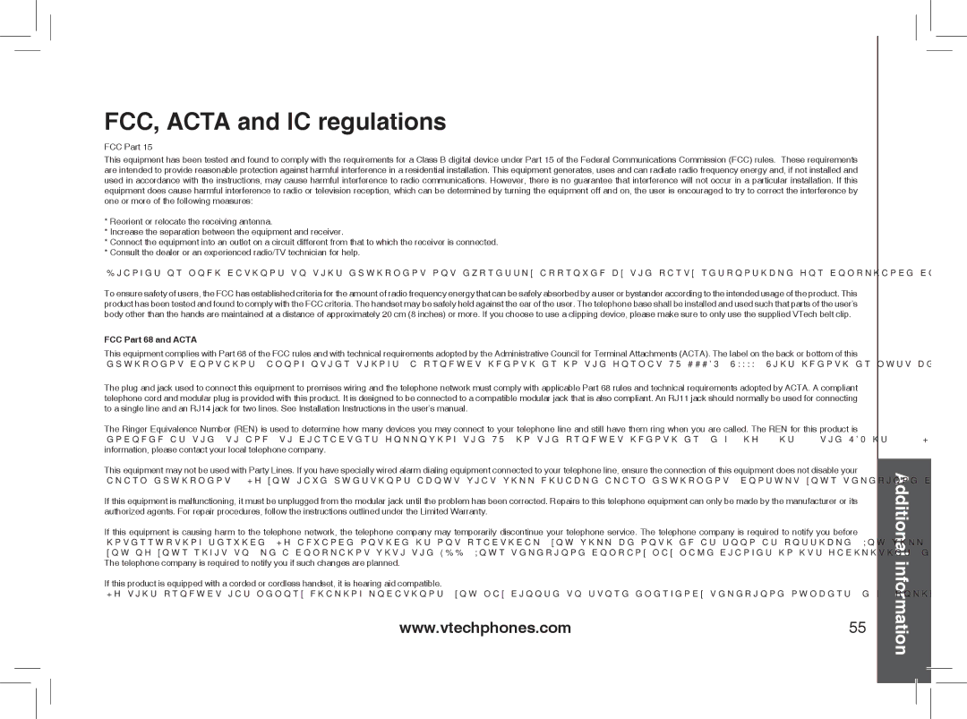 VTech MI6889 user manual FCC, Acta and IC regulations, FCC Part 68 and Acta 