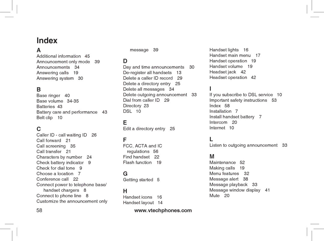 VTech MI6889 user manual Index 