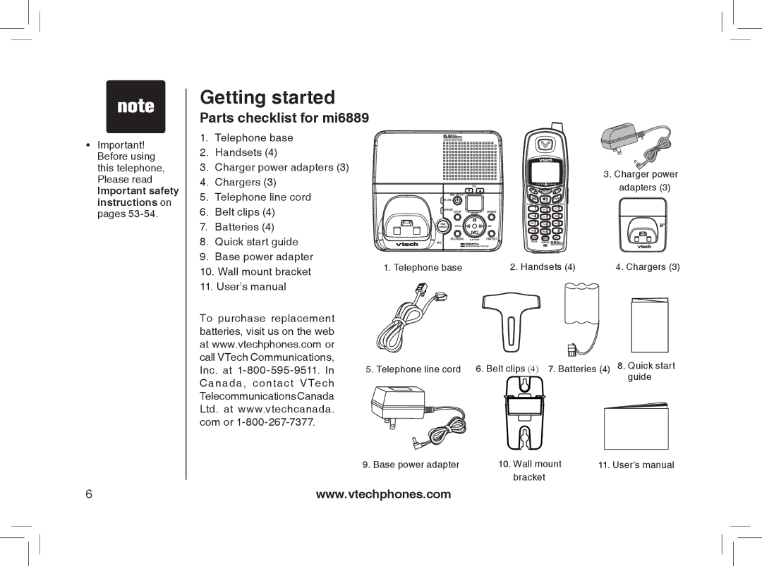 VTech MI6889 user manual Parts checklist for mi6889 