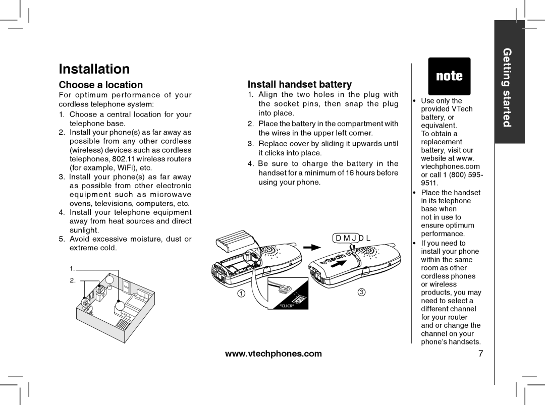 VTech MI6889 user manual Installation, Choose a location, Install handset battery 