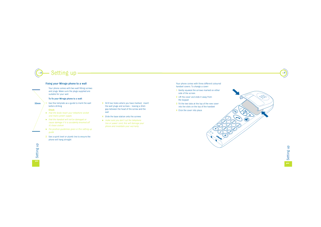 VTech Mirage A100 manual Fixing your Mirage phone to a wall, Pg8, Check, Pg9 