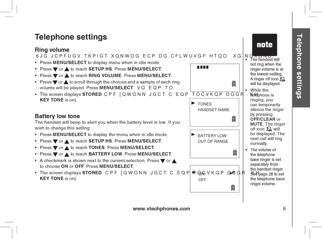 VTech Model 6032 user manual Ring volume, Battery low tone 