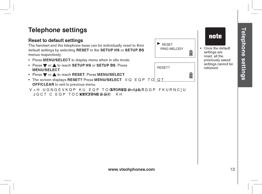 VTech Model 6032 user manual Reset to default settings 