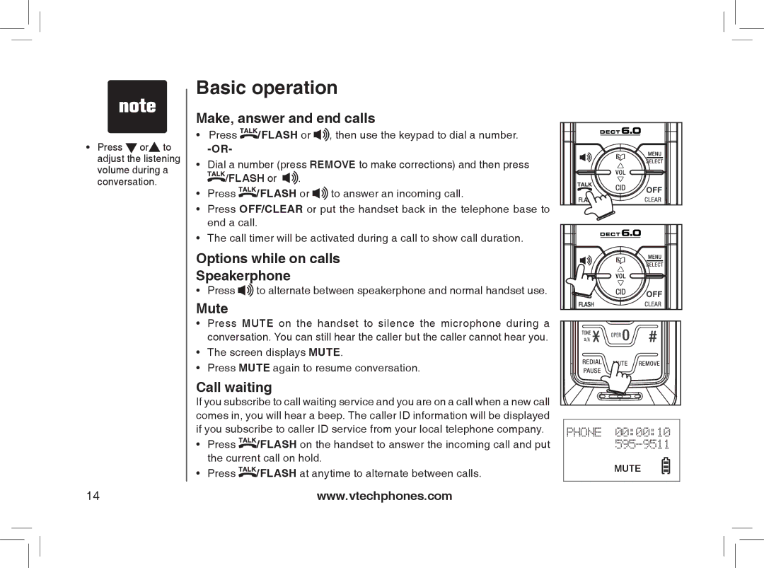 VTech Model 6032 Basic operation, Make, answer and end calls, Options while on calls Speakerphone, Mute, Call waiting 