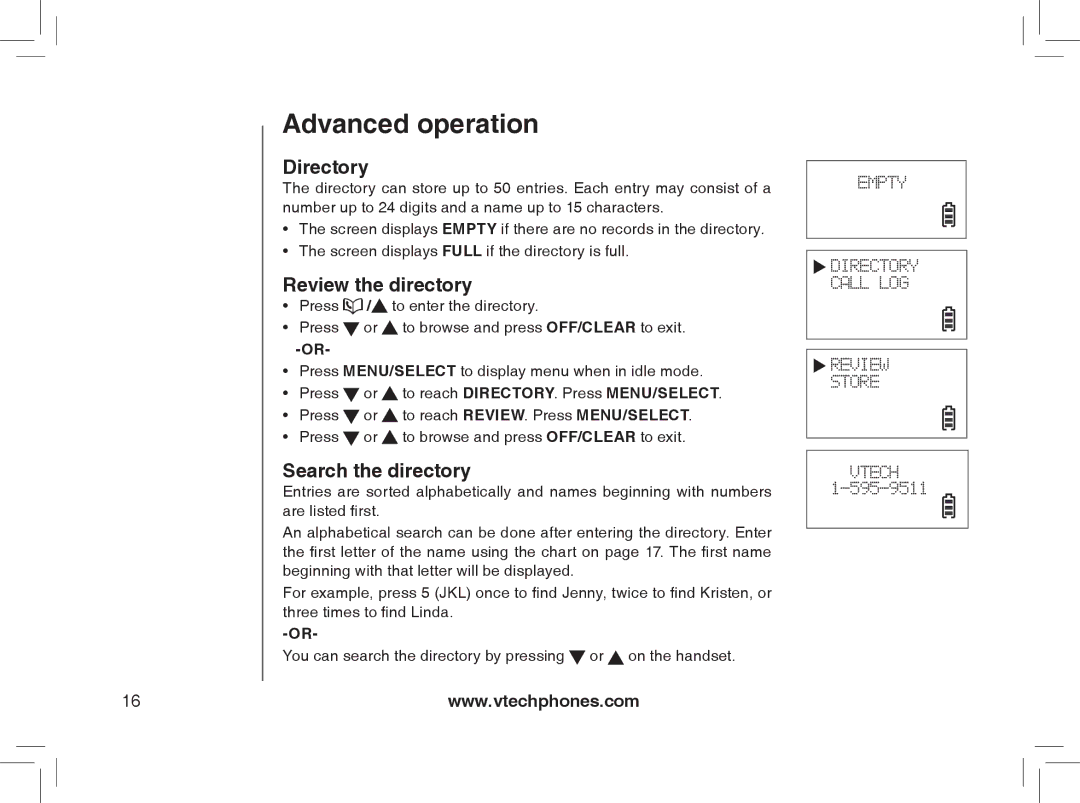 VTech Model 6032 user manual Advanced operation, Directory, Review the directory, Search the directory 